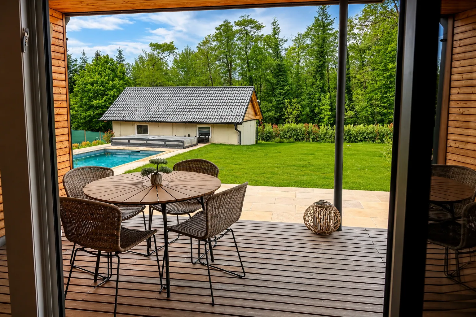Ausblick auf Garten und Pool