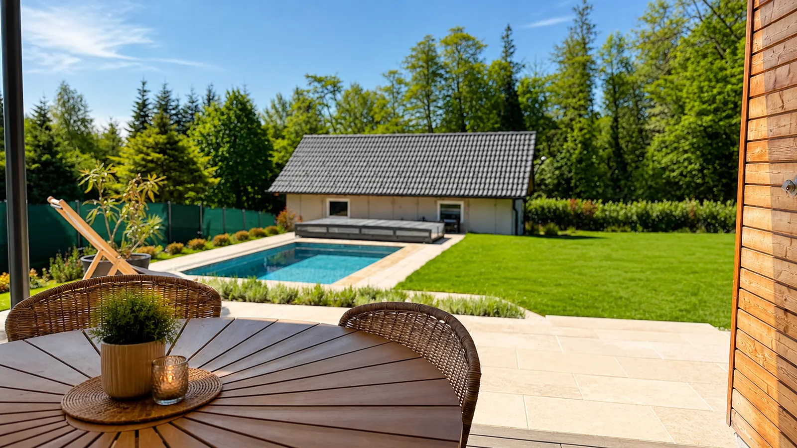Ausblick auf Pool und Garten